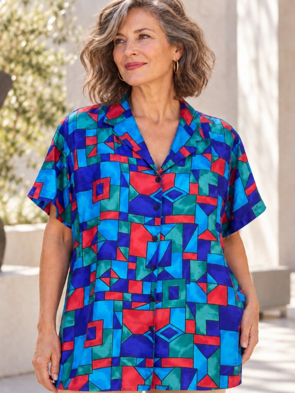 Stunt Vintage 100% Silk Geometric Abstract Print Short Sleeve Button-Down Blouse
